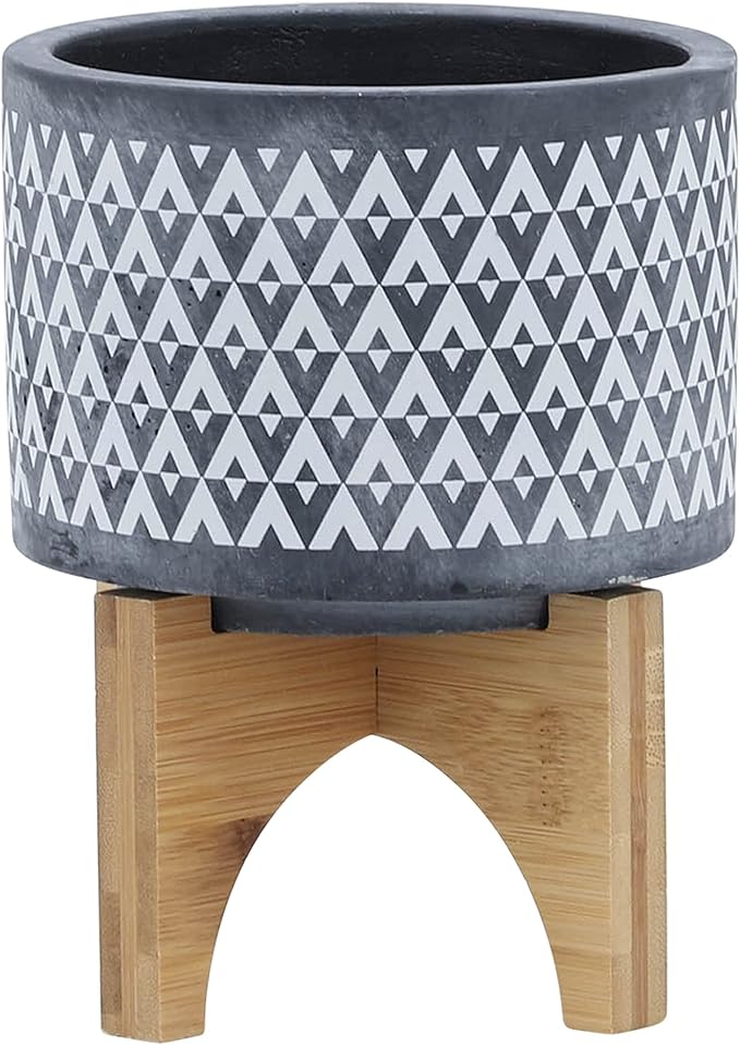 Sagebrook Home Stoneware Planter with Wooden Stand - Ceramic Indoor/Outdoor Plant Pot - Modern Geometric Design - Home & Garden Decor - 6" Gray