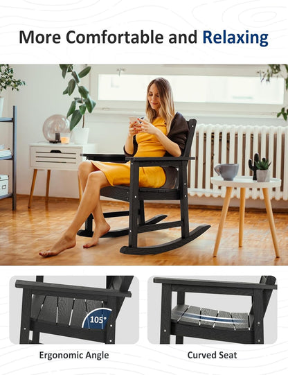 Patio Rocking Chair, Weatherproof HIPS Outdoor Rocking Chair for Adults, 400LBS Support Heavy Duty Porch Rocking Chairs for Garden, Lawn, Backyard, Outdoor and Indoor (Black)