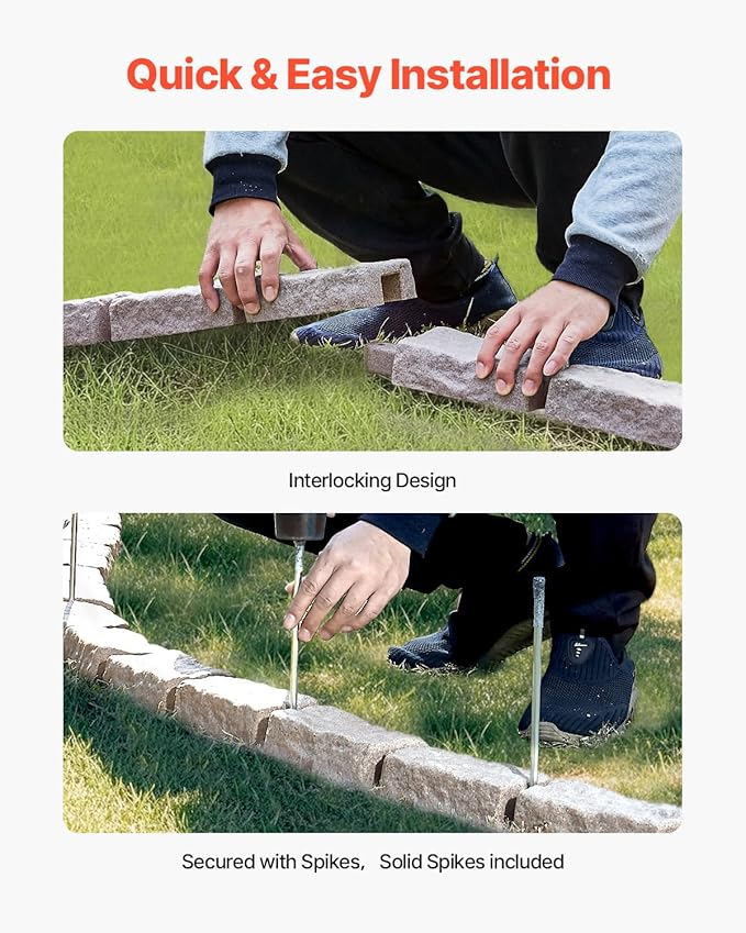 VEVOR Faux Stone Landscape Edging, No Dig Garden Edging Border, Flexible Blocks for Lawn Edging, Flower Beds, Driveway, Yards with 12 Spikes, 4 Pack 24 Bricks 16FT Kit, 46.5" Lx 3.7" W x 2.2" H, Beige