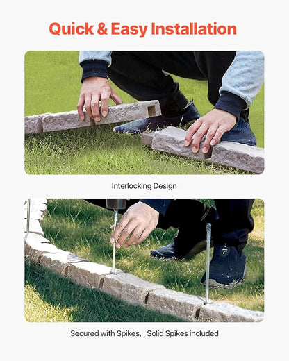 VEVOR Faux Stone Landscape Edging, No Dig Garden Edging Border, Flexible Blocks for Lawn Edging, Flower Beds, Driveway, Yards with 12 Spikes, 4 Pack 24 Bricks 16FT Kit, 46.5" Lx 3.7" W x 2.2" H, Beige