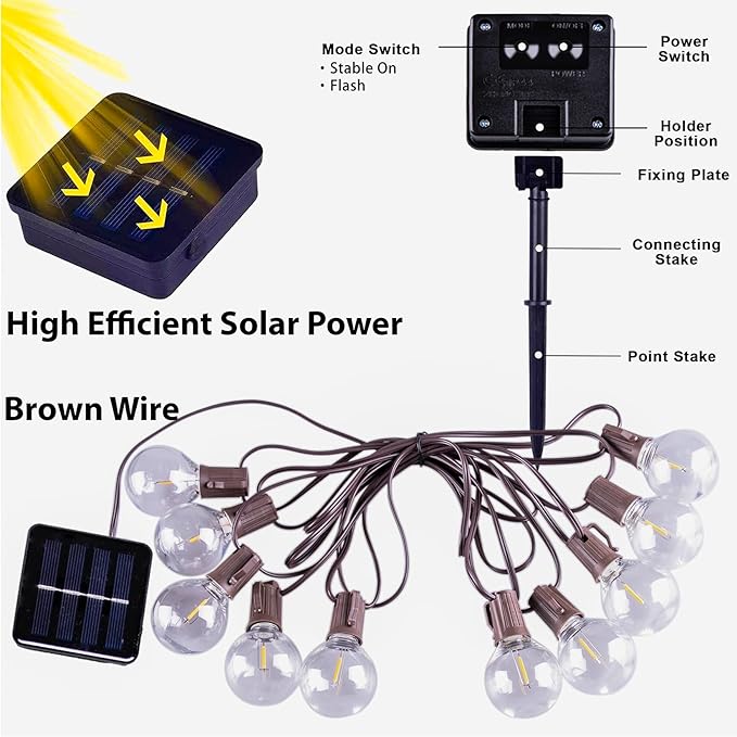 Solar Outdoor String Lights, 15FT G50 Patio Lights String Waterproof with 10 Warm White LED Shatterproof Bulbs, Perfect for Garden, Backyard, Pergola, Party, Cafe, Camping Decoration (15FT)