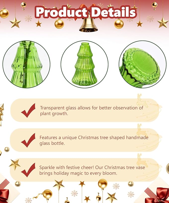 Nacome Christmas Tree Propagation Stations: 2PCS Plant Terrarium Glass Vases for Home Office Decor, for Plant Lovers Women Mom (Green)