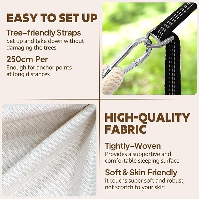 Chihee Cotton Hammock Large Soft Breathable Camping Hammock Holds Up to 660lbs Portable Tree Hammocks with Detachable Spreader Bar Pillow 2 Strong Webbings 2 Carabiners Patio Garden Indoor Outdoor