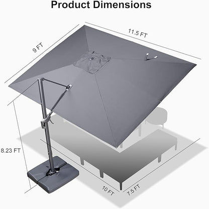 PURPLE LEAF 9' X 11.5' Rectangle Patio Umbrella Outdoor Large Aluminum Cantilever Umbrella with 3-Year Fade Resistance Recycled Fabric and 360-degree Rotation for Deck Pool Garden, Graphite Grey