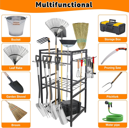 3 Tier Garden Tool Organizer, Yard Tool Tower Rack, Tool organizer up to 78 Tools, Heavy Duty Garden Tool Organizer for Garage, Yard, Patio, Shed, Indoors and Outdoors, Black