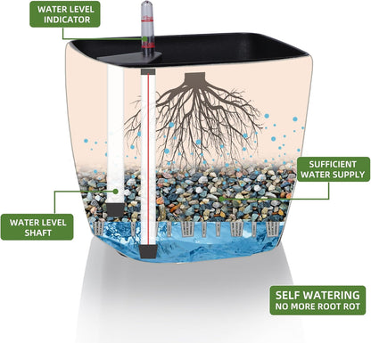 Dexceder 11x10 Self Watering Planter Indoor Outdoor, Inner Mat Design, Thickened Table Flower Plant Pot with Water Level Indicator (Brown Rattan)