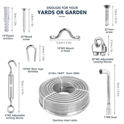 3/16 Wire Rope Kit, 165ft Vinyl Coated Galvanized Steel Cable with M5 Turnbuckles for Cables Wire, Rope Clamp & Thimble, 7X7 Strand Aircraft Cable for Anchored Shed, Fencing, Sunshade