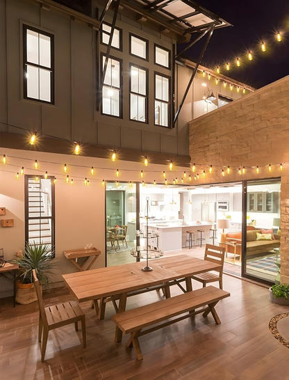 144FT(3x48FT) Solar Outdoor String Lights with Remote & Timer, Waterproof Dimmable Patio Lights with 54+3 ST38 LED Bulbs for Porch Party-Black