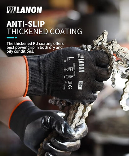 LANON 12 Pairs Safety Work Gloves, Mechanic Working Gloves for Men, PU Coated, Seamless Knit, Lightweight, Black, XL