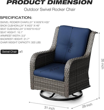 Joyside Outdoor Swivel Rocker Patio Chair - Outdoor Wicker Glider Rocking Chair with Olefin Fabric Cushions Suitable for Porch Deck and Backyard(Mixed Grey/Dark Blue)