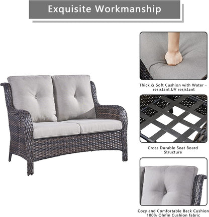 Outdoor Wicker Patio Furniture Set - 6 Piece Rattan Patio Conversation Set with 2 Rocking Swivel Chairs,2 Ottomans,1 Loveseat and 1 Coffee Table for Porch Deck Backyard Garden(Brown/Grey)