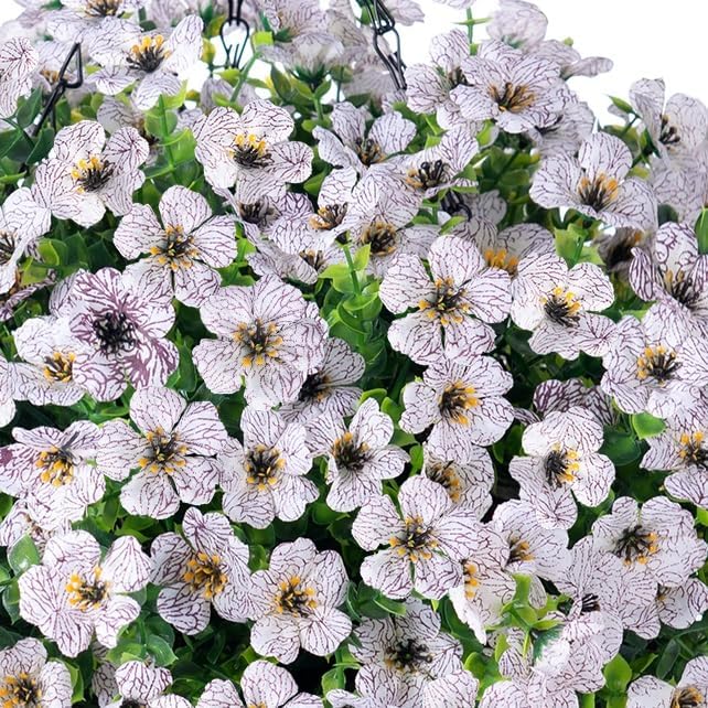 Artificial Fake Hanging White Plants Flowers Basket for Outdoor Fall Winter, Faux Silk Daisy in Planter Realistic UV Resistant for Christmas Outside Porch Home Patio Balcony Yard Decoration