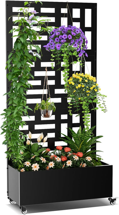 Metal Planter Box with Trellis, 71"x 35"x 16" Raised Garden Bed with Trellis & Wheels, Privacy Planters for Patio, Planter Box with Drainage Holes for Climbing Plants, Flower, Vegetable