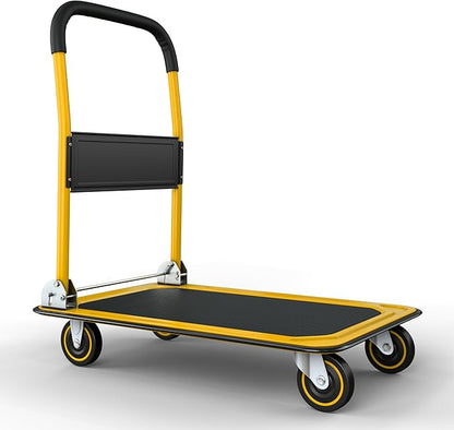 Heavy Duty Foldable Push Cart Dolly | 330 lbs. Capacity | Upgraded Collapsible Hand Truck Folding Platform with Swivel Wheels | Flat Bed Moving Wagon | Space Saving Push Handle (Yellow)