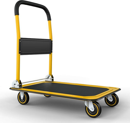 Heavy Duty Foldable Push Cart Dolly | 330 lbs. Capacity | Upgraded Collapsible Hand Truck Folding Platform with Swivel Wheels | Flat Bed Moving Wagon | Space Saving Push Handle (Yellow)