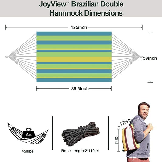 JoyView Brazilian Double Hammock with Hanging Ropes Extra Large 86.6x59” Portable Cotton Hammock for Patio Backyard Porch 450LBS Weight Capacity Perfect for Outdoor/Indoor - Light Green/Yellow Stripe