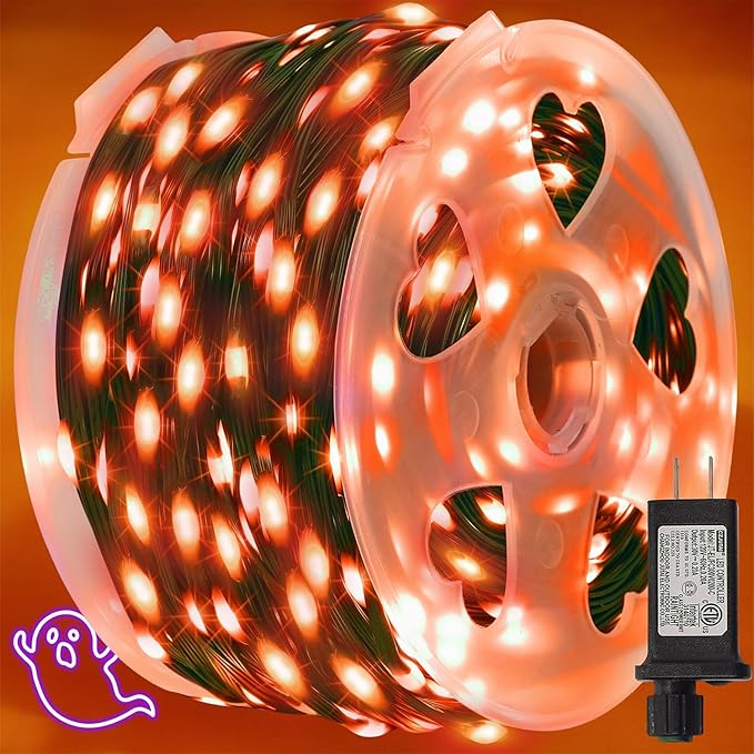 WATERGLIDE Extra Long 328 FT Halloween Lights, 1000 LED Outdoor Fairy String Light, Green PVC Copper Wire Christmas Lights, Plug in 8 Modes & Waterproof for Tree Party Home Yard Decor, Orange