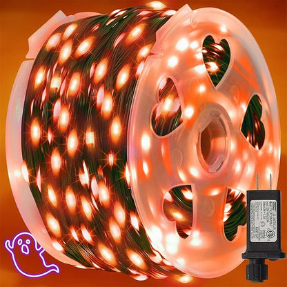 WATERGLIDE Extra Long 328 FT Halloween Lights, 1000 LED Outdoor Fairy String Light, Green PVC Copper Wire Christmas Lights, Plug in 8 Modes & Waterproof for Tree Party Home Yard Decor, Orange