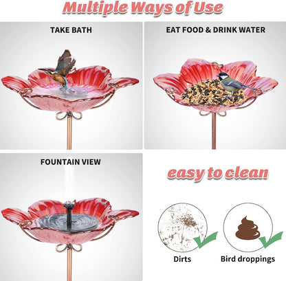 MUMTOP Bird Baths for Outdoors Glass Bird Bath Bowl Outdoor Bird Feeder Flower Pattern with Metal Stake for Garden, Yard and Lawn Decor (Red)