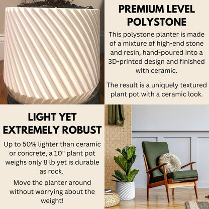 Fox & Fern 10 Inch Plant Pot with Drainage Plug — Premium Polystone White Plant Pot; Modern Planter with 3D Texture and Ceramic Finish; 10 Inch Pots for Plants Indoor & Outdoor