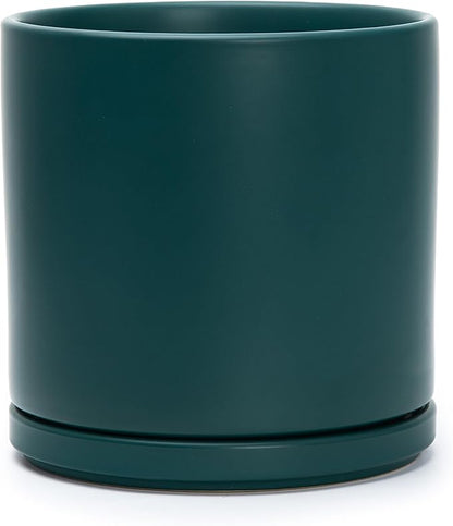 D'vine Dev 8 Inch Ceramic Planter Pot with Drainage Hole and Saucer, Indoor Cylinder Round Planter Pot, Teal, 94-O-D-9