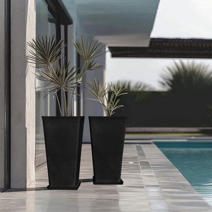 LA JOLIE MUSE 26 inch Tall Black Planters for Outdoor Plants,Set of 2 Tapered Planters with Trays,V-Shape Rectangular Garden Planters for Front Door, Patio and Deck