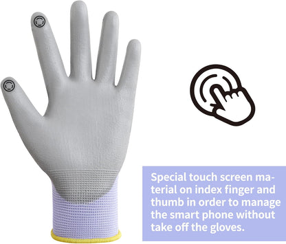 DULFINE Work Gloves for Men PU Coated 12 Pairs Bulk Pack,Purple Seamless Knit Glove with thin Polyurethane,Two Finger Touchscreen, for Men and Women, Ideal for Light Duty Work. (Extra Large)