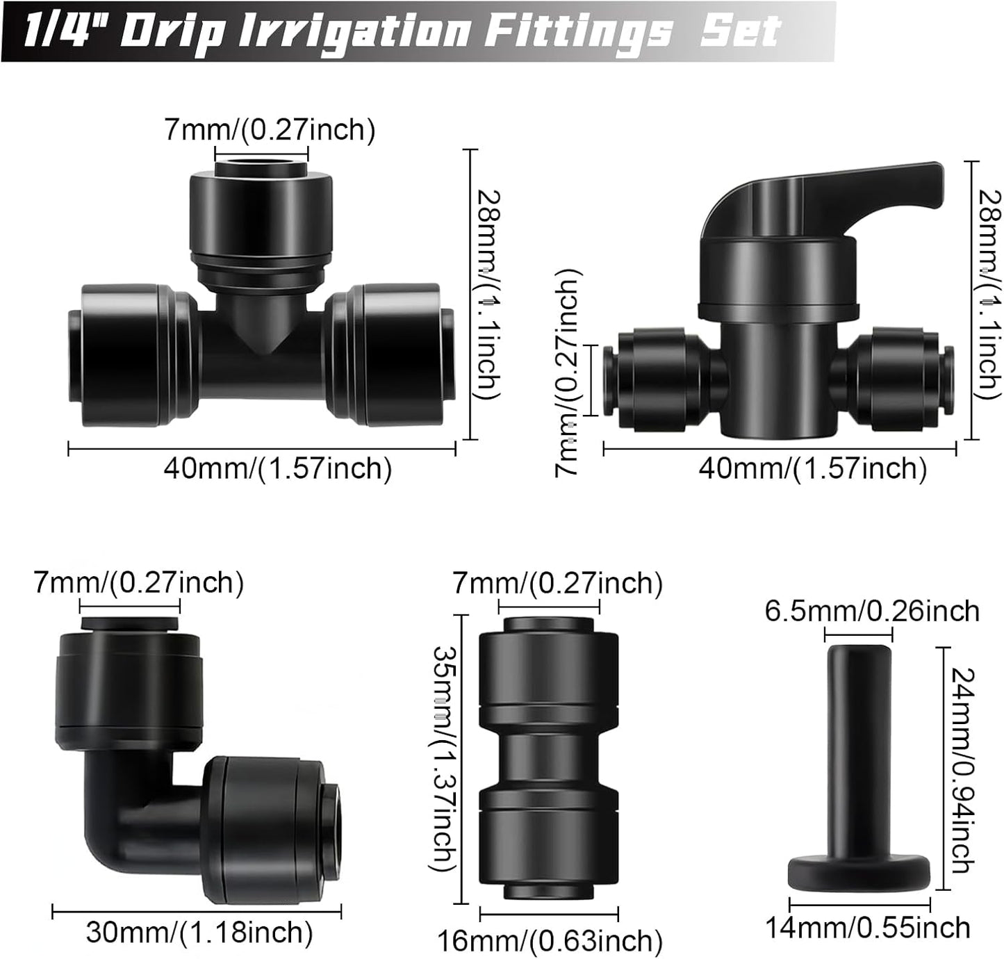 45 Pack Quick Connect 1/4" Drip Tubing Irrigation Fittings Kit Universal 1/4'' Drip Irrigation Tubing Connectors Leak Free Fitting Set Includes 10 Tee 10 Coupling 10 Elbow 10 End Cap 5 Shut Off Valve