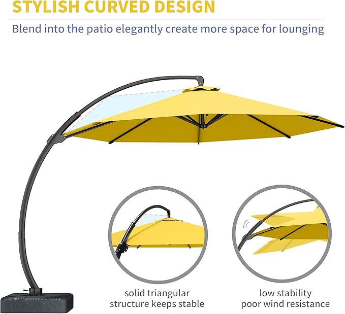 Kingdura 11ft Offset Cantilever Patio Umbrella with Base Included, Large Round Aluminum Outdoor Umbrella, 360° Rotation & Infinite Tilt, Heavy Duty Frame for Deck Pool Backyard, Yellow
