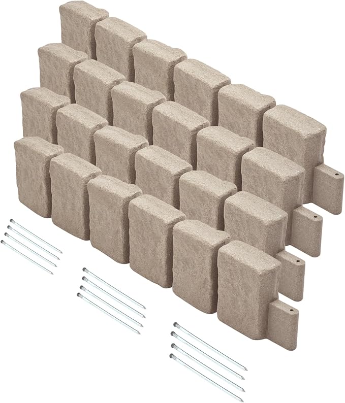 VEVOR Faux Stone Landscape Edging, No Dig Garden Edging Border, Flexible Blocks for Lawn Edging, Flower Beds, Driveway, Yards with 12 Spikes, 4 Pack 24 Bricks 16FT Kit, 47.2" Lx 4" W x 9" H, Beige