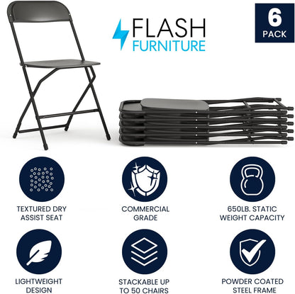 Flash Furniture Hercules Series Plastic Folding Chairs for Parties and Weddings, Stackable Commercial Event Seats with 650-lb. Static Weight Capacity, Set of 6, Black