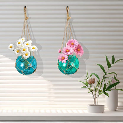 SAILINGSTORY Hanging Glass Plant Terrarium 5" Glass Planter Propagation Stations Flower Vase Blue and Teal Set of 2 Pack