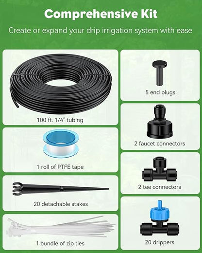 Pawfly Drip Irrigation Kit, Quick-Connect 100 ft. Drip Irrigation System with 1/4" Tubing Drippers and Accessories Plant Watering Devices for Greenhouse Lawn Patio Flower Bed