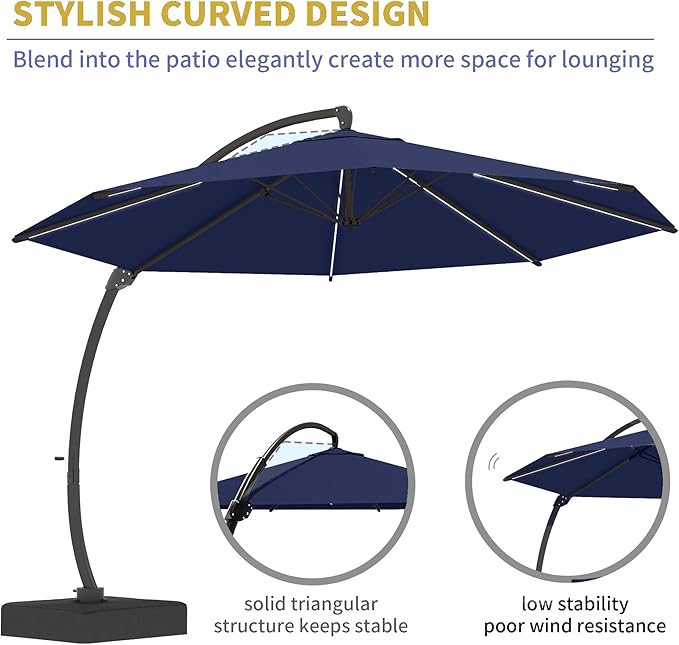 Kingdura 11ft Offset Cantilever Patio Umbrella with Solar Lights, Large Round Outdoor Umbrella with Base Included, Aluminum Frame, 360° Rotation & Infinite Tilt for Deck Pool Backyard, Dark blue