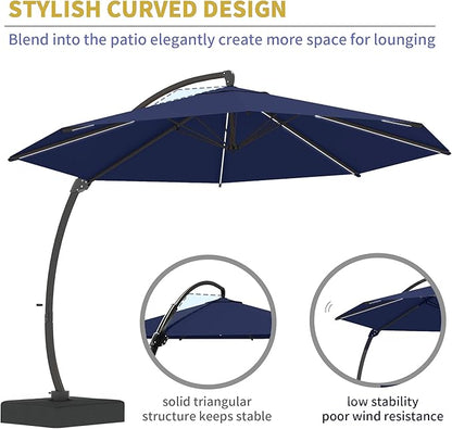 Kingdura 11ft Offset Cantilever Patio Umbrella with Solar Lights, Large Round Outdoor Umbrella with Base Included, Aluminum Frame, 360° Rotation & Infinite Tilt for Deck Pool Backyard, Dark blue