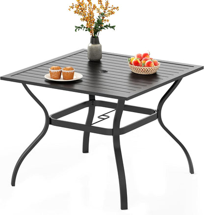 PHI VILLA 37 Inch Outdoor Dining Table Metal Steel Slat Square Patio Dining Table with 1.57" Umbrella Hole for Garden, Backyard and Porch (Classic Black)