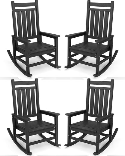 SERWALL Outdoor Rocking Chair Set of 4,HDPE Rocking Chairs for Adult, All Weather Porch Rockers for Lawn Garden, Black