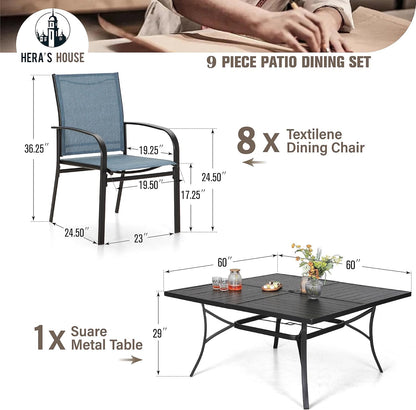 HERA'S HOUSE 9 Pieces Patio Dining Sets, 8 x Blue Textilene Dining Chair, 60" Square Metal Dining Table with 1.57" Umbrella Hole, Outdoor Table and Chairs Set for Lawn Garden Backyard Deck
