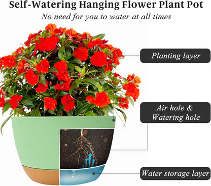 Bevgems 3 Pack 8.26 Inch Hanging Planters, Plastic Self-Watering Hanging Flower Plant Pot, Decorative Flower Pot Holder with Drainage Holes & Removable Tray for Indoor Outdoor Plants,Flowers, Herbs
