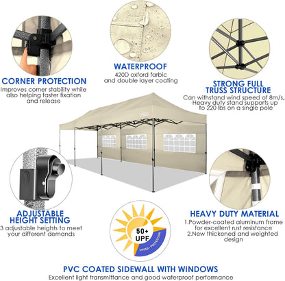 COBIZI 10x30 Heavy Duty Pop up Canopy with 8 sidewalls Stable Wedding Outdoor Tents for Parties Canopy Pop Up Party Tent UPF 50+ Waterproof Commercial Gazebo with Roller Bag, Khaki(Windproof Upgraded)