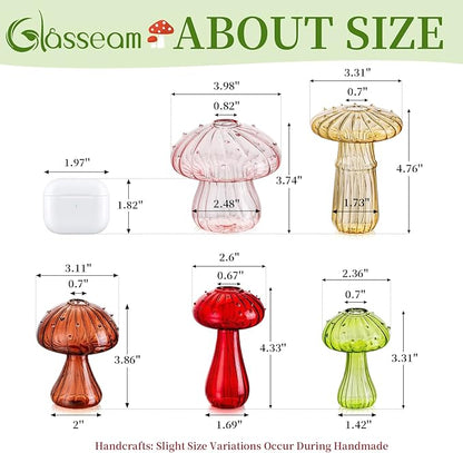 Glasseam Mushroom Glass Planter, Set of 5 Colored Plant Propagation Station, Mini Terrarium for Plants, Unique Small Glass Vase for Flowers, Cute Hydroponic Indoor Planters Gifts for Women Room Decor