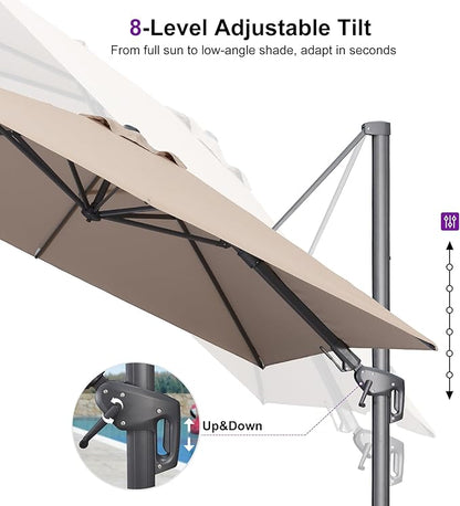 PURPLE LEAF 11' X 8' Swivel Outdoor Patio Aluminum Umbrella with Base Left-right Tilting Cantilever Offset Umbrella with UV Resistant Heavy Duty Fabric for Deck Pool Patio Backyard, Sand Dune