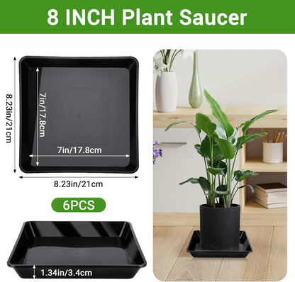 GREANER 8 Inch Humidity Tray, Black 6 PCS Plant Pot Drainage Tray, Indoor Plant Trays for Pots, Drip Trays for Potted Plants, Plastic Plant Trays for Pots, Seed Starter Growing Tray