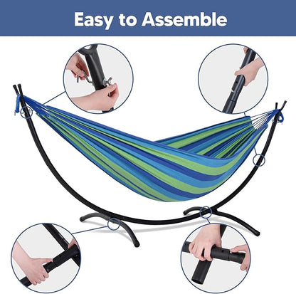 SUNCREAT Portable Outdoor Hammock with Stand Included, Double Hammock with Stand for Outside, Blue & Green Stripes