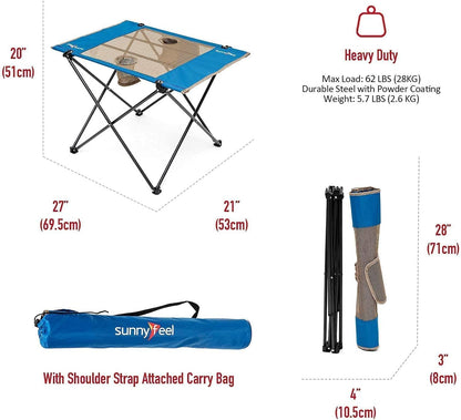 SUNNYFEEL Outdoor Folding Table | Lightweight Mesh Compact Camping Table, Roll Up Top 2 People Portable Camp Tables with Carry Bag for Picnic/Cooking/Beach/Travel/BBQ