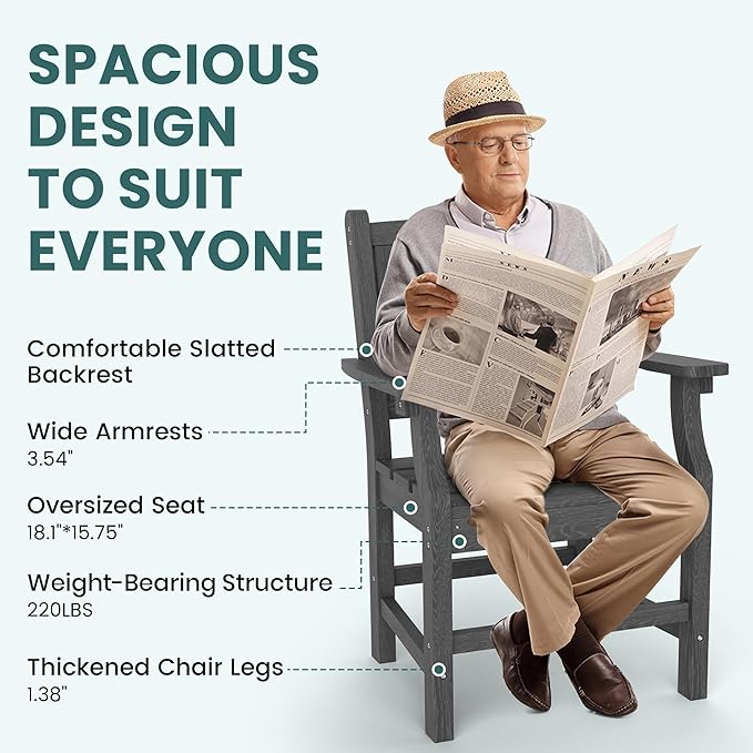 Pamapic 5 PCS Outdoor Dining Set, Spacious HDPE Outdoor Table and Chairs, Wood Grain Patio Furniture Sets with Elegant Armrest, All-Weather Patio Dining Table with Umbrella Hole, Gray