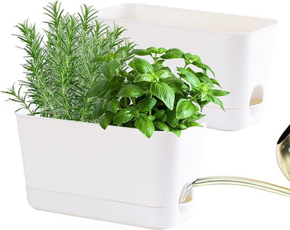 10 Inch Self Watering Planters for Indoor Plants: 2 Packs Rectangular Plant Pots with with Drainage and Tray, Window Pot Self Watering Planter for Herb, Houseplants