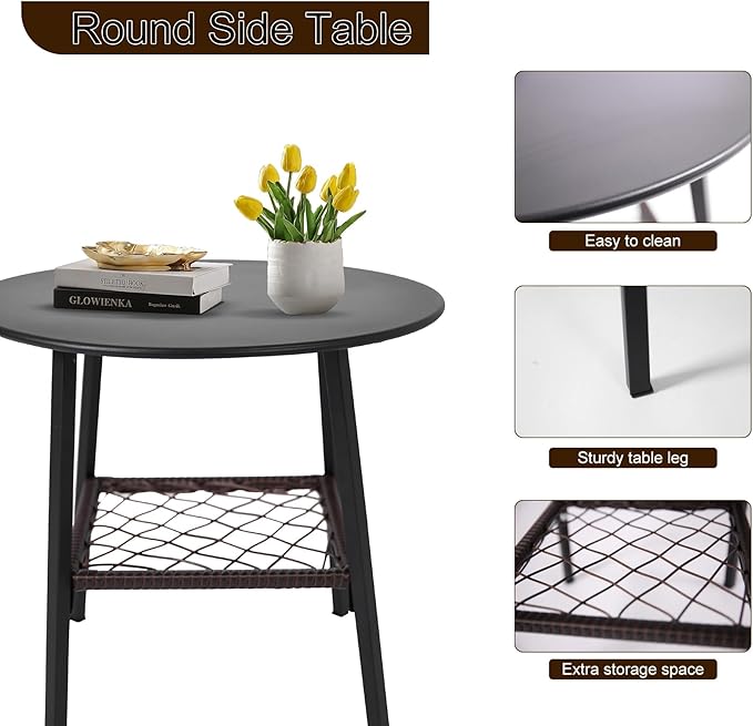 DECMICO 3-Piece Outdoor Wicker Patio Conversation Set, Rocking Bistro Chairs with Round Coffee Table for Small Space Balcony Backyard Garden, Blue