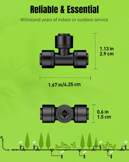Pawfly 15 Pack Quick Connect 1/4" Drip Irrigation Tee Connectors, Push-to-Connect Drip Irrigation Tee Fittings for 1/4 Inch Irrigation Tubing & Sprinklers, Anti-Leak Drip Irrigation System Parts