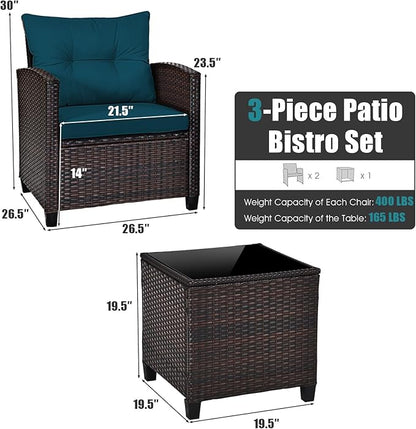 RELAX4LIFE 3 Piece Patio Furniture Set, Wicker Bistro Conversation Set w/2 Cushioned Armchairs & Glass Topped Table, Outdoor Rattan Sofa Set Patio Furniture for Porch Balcony Poolside (Peacock Blue)